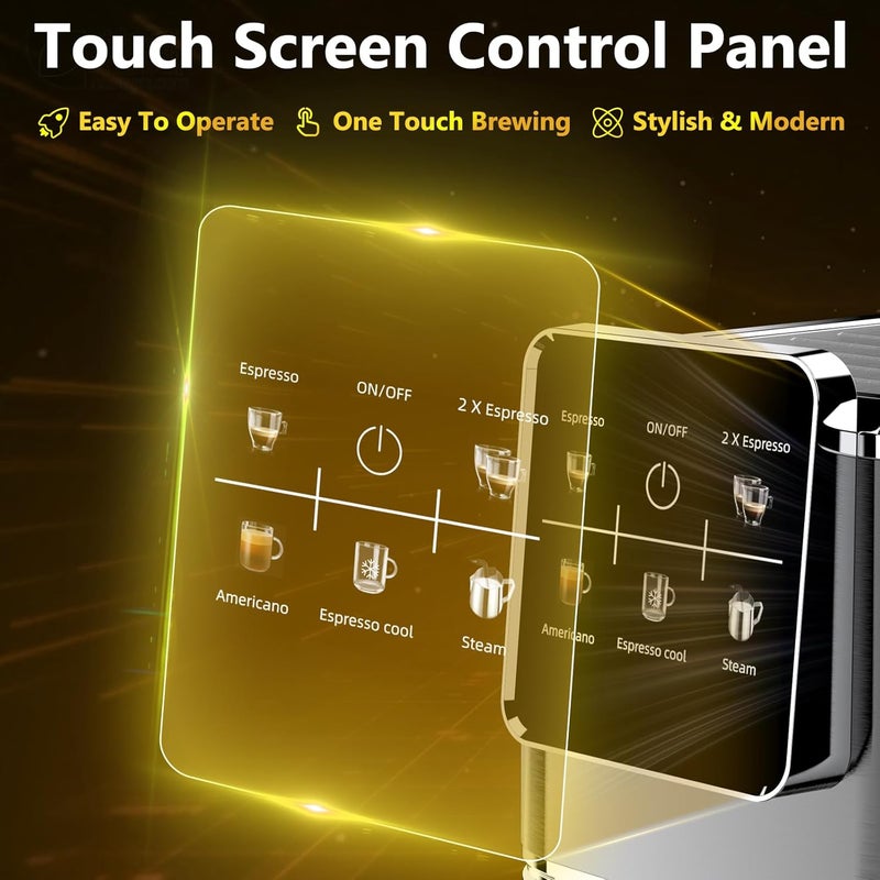 URintells Cuising Espresso Machine 20 Bar,Touch Screen Espresso Maker with Steam Milk Frother,Compact Stainless Steel Coffee Machine for Cappuccino Latte Americano Espresso Cool,Gift for Coffee Lovers,Black - Image 2